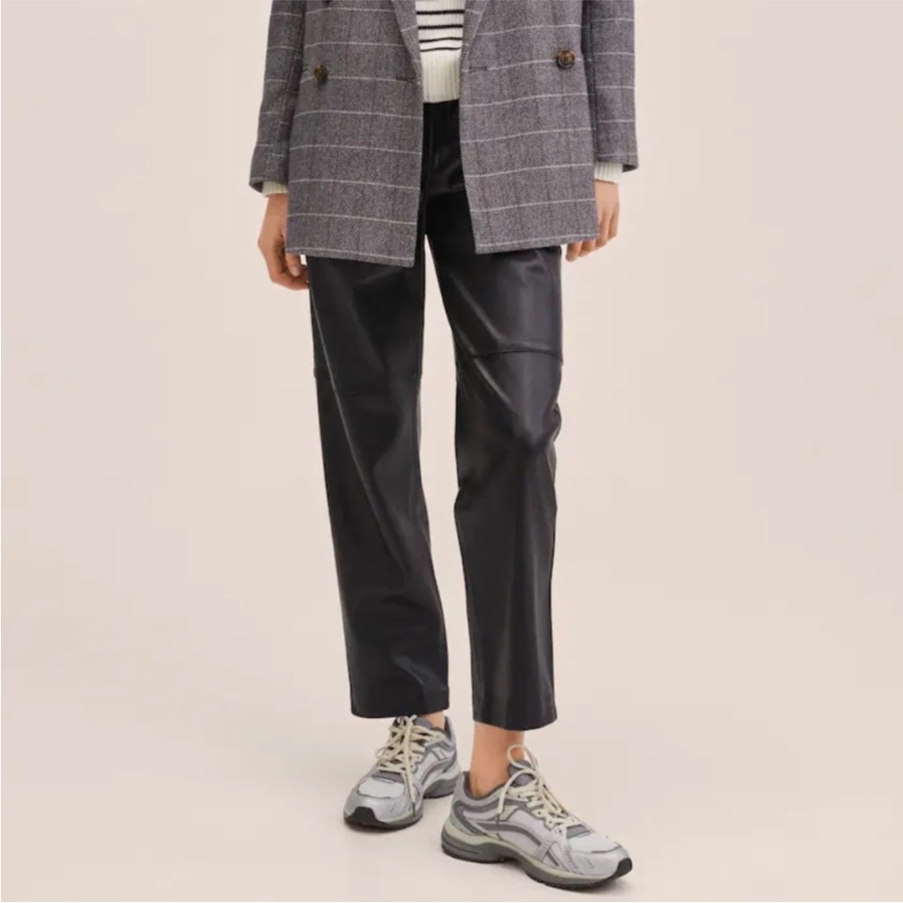 Mango Elastic Waist Faux Leather Straight Leg Trousers Green Medium